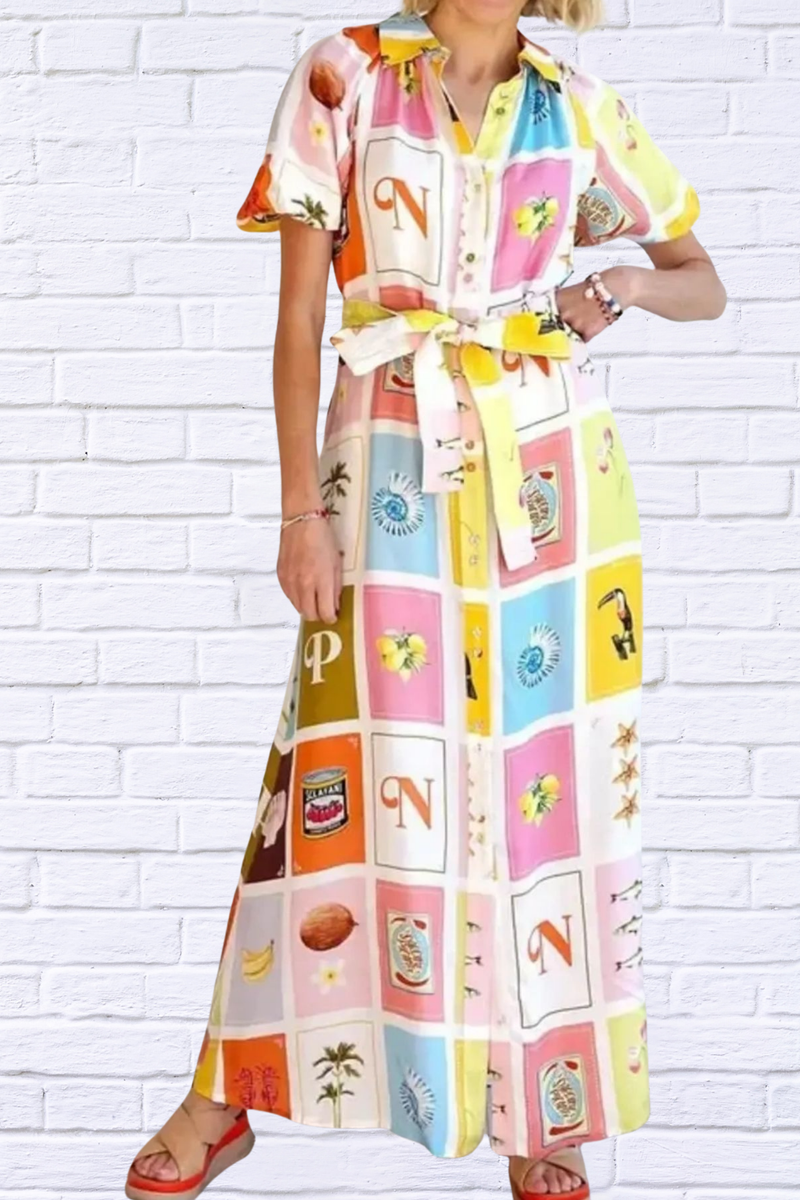 Colorful Print Tie Waist Maxi Shirt Dress