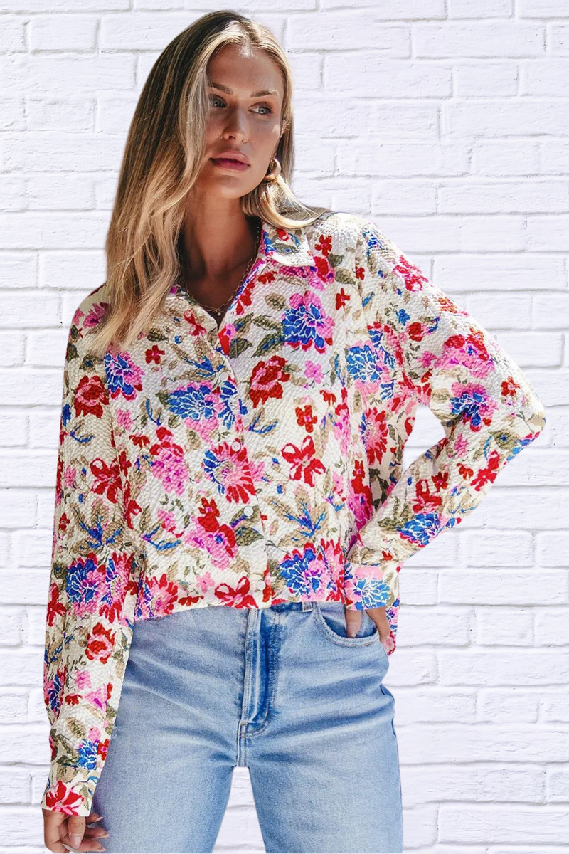 Floral Collared Neck Long Sleeve Shirt