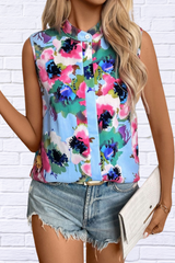 Light Blue Printed Round Neck Sleeveless Blouse – Fresh and Versatile Elegance