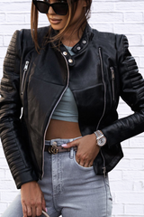 Quilted Sleeve Leather Moto Jacket