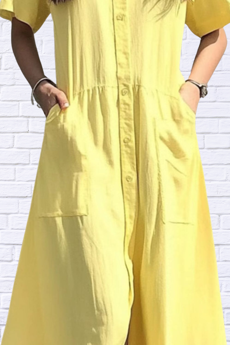 Button Front Short Sleeve Midi Dress