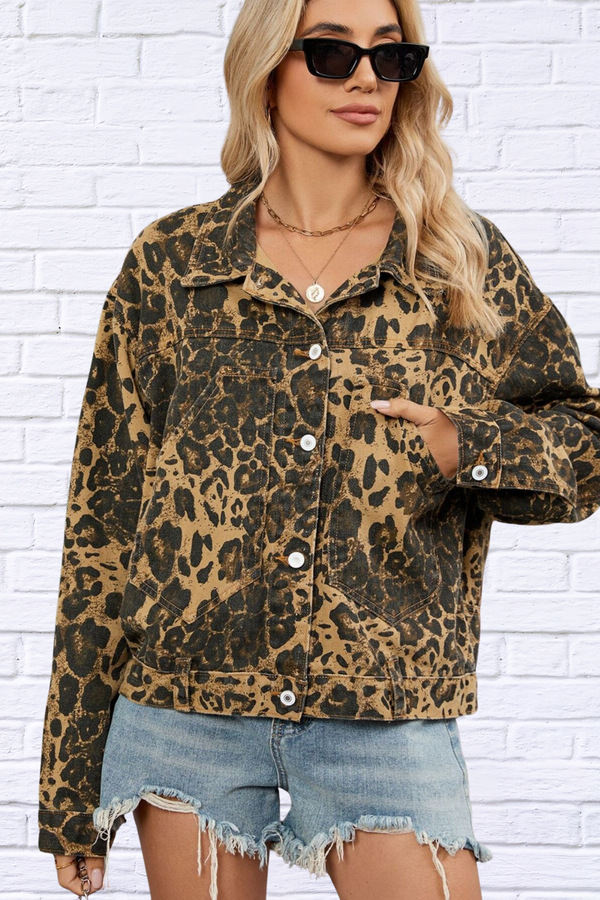 Fierce Meets Classic – Leopard Print Button Up Denim Jacket