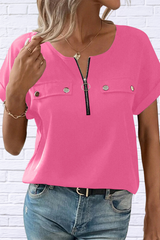 Casual Zipper Front Short Sleeve Blouse