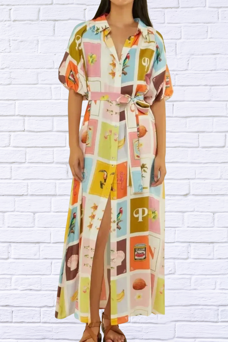 Colorful Print Tie Waist Maxi Shirt Dress