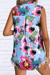 Light Blue Printed Round Neck Sleeveless Blouse – Fresh and Versatile Elegance