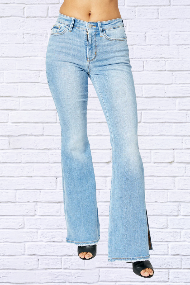 Judy Blue Full Size Mid Rise Raw Hem Slit Flare Jeans