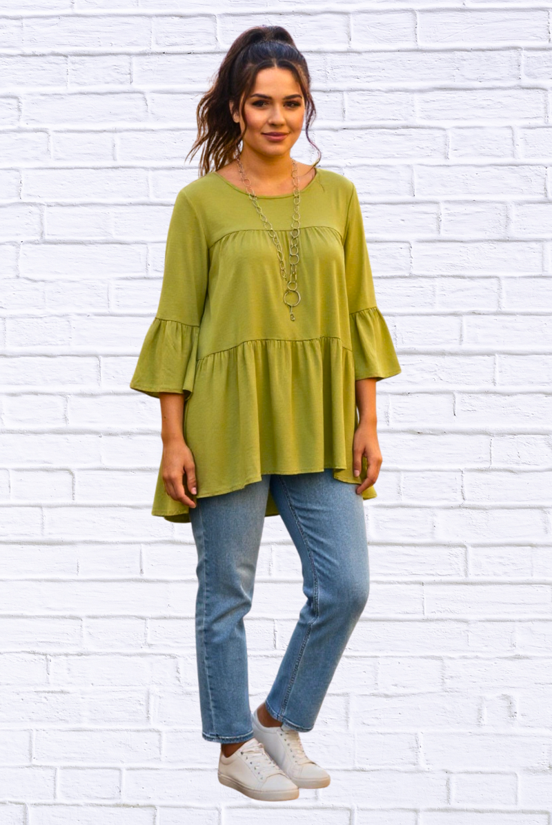 Round Neck Woven Gauged Trapeze Shirt High Low