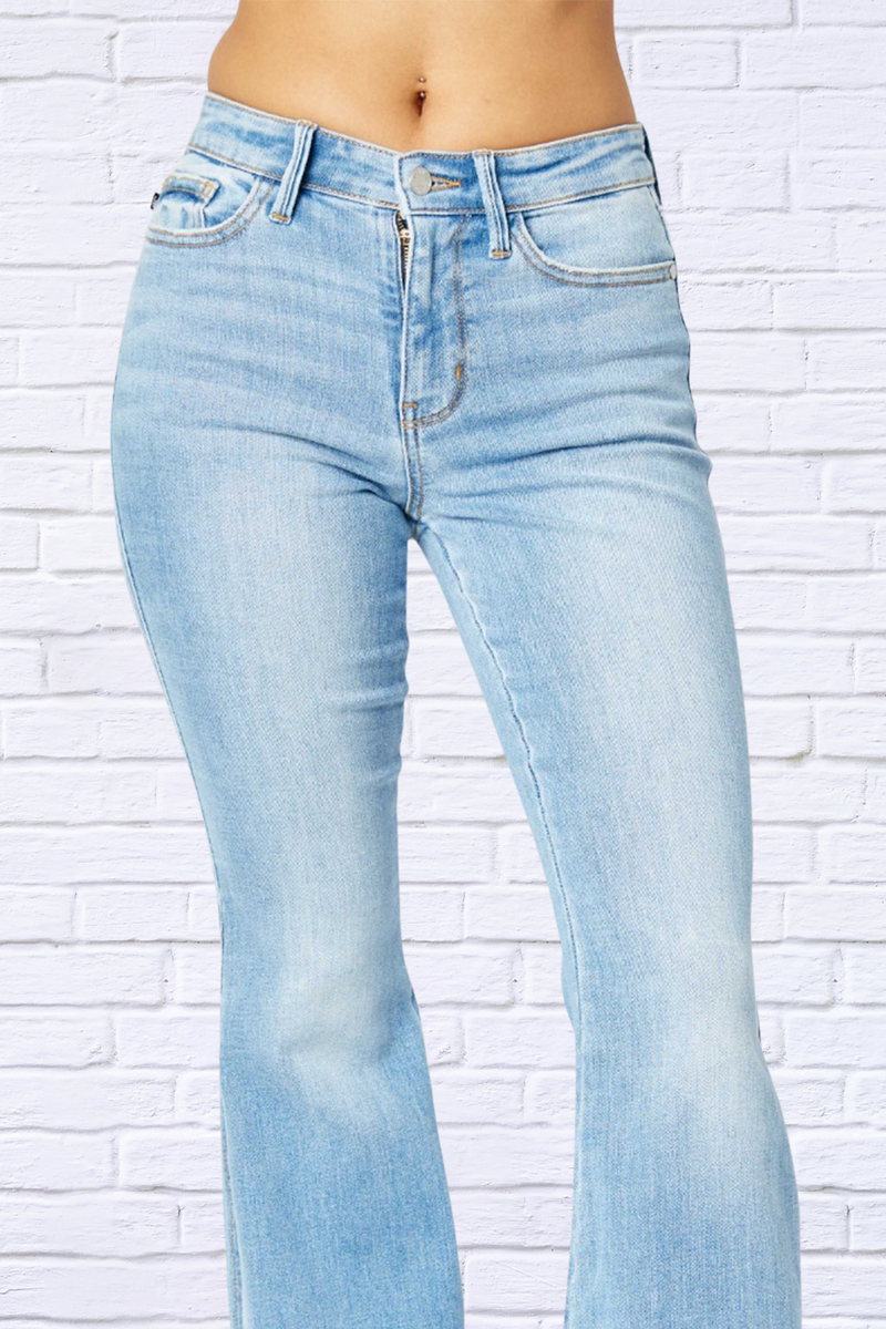 Judy Blue Full Size Mid Rise Raw Hem Slit Flare Jeans