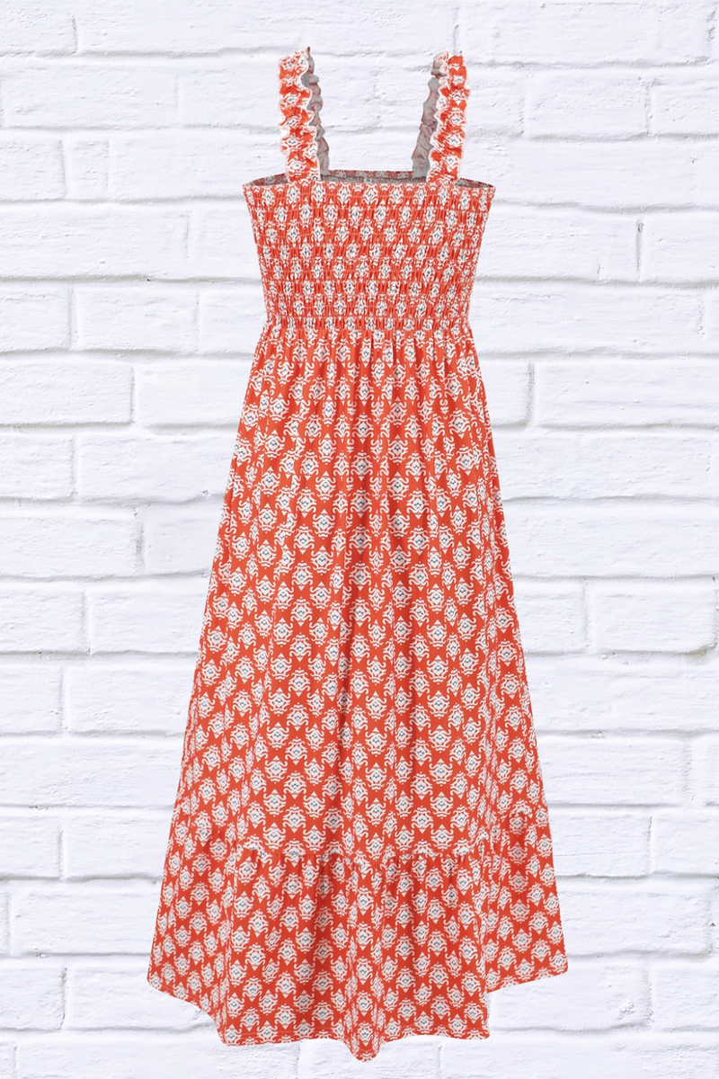 Smocked Printed Square Neck Sleeveless Dress