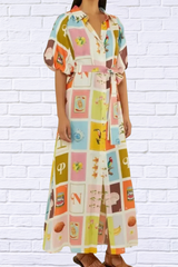 Colorful Print Tie Waist Maxi Shirt Dress