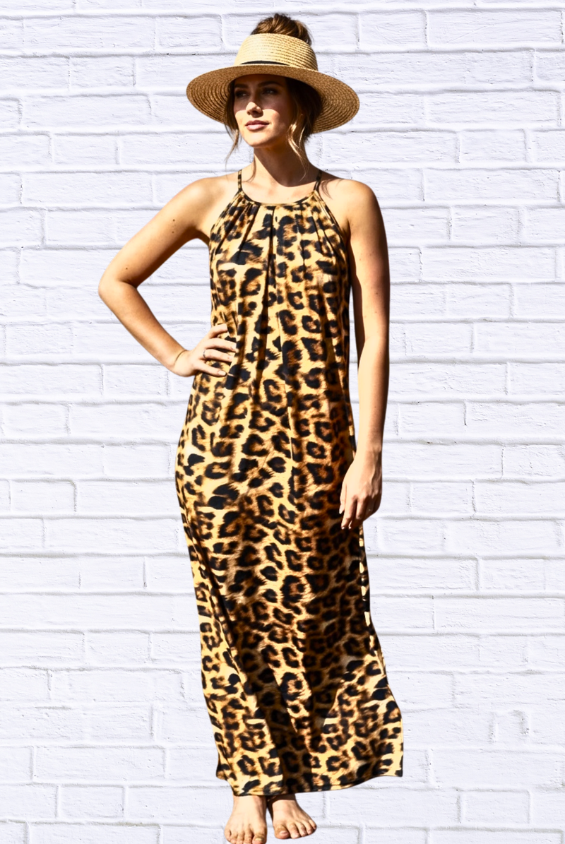 Demi Column Maxi Dress - Tangerine/Cerise Pink / Animal Combo
