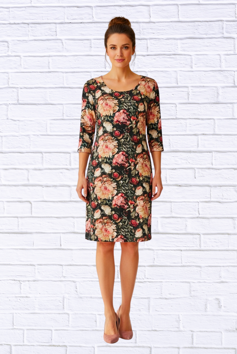 Vintage Floral Print 3/4 Sleeve Knit Dress – Elegant Round Neck Knee-Length Dress