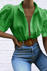 Eyelet Puff Sleeve Button-Up Shirt