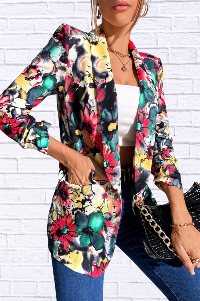 Vibrant Floral Print Open Front Blazer