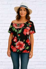 Floral Off The Shoulder Top - Black with Big Print Flower