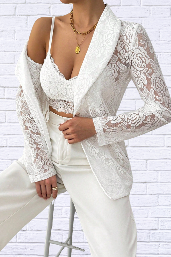 Lace Lapel Collar Long Sleeve Blazer