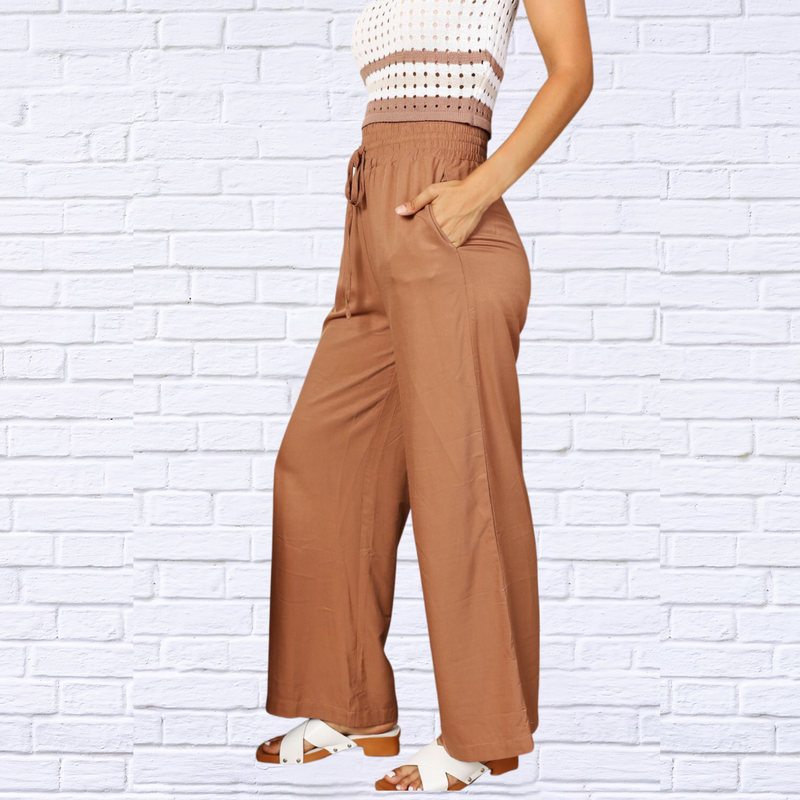 Double Take Drawstring Smocked Waist Wide Leg Pants
