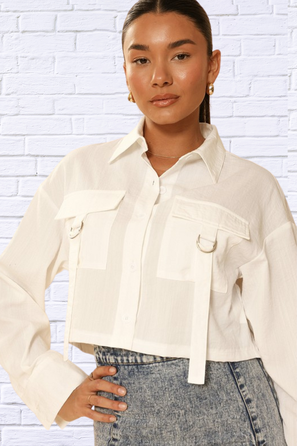 White Cropped button front top