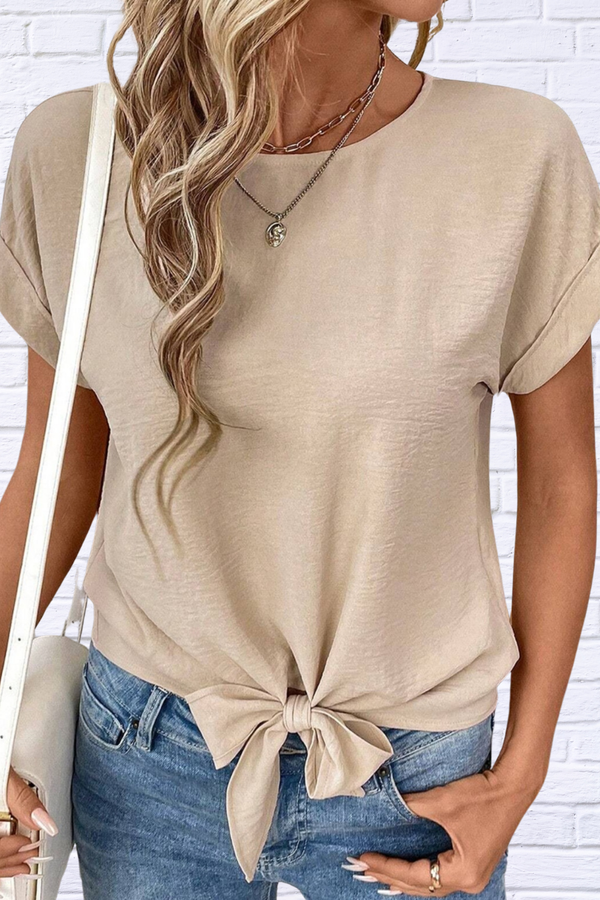 Solid Color Knotted Hem Short Sleeve Blouse