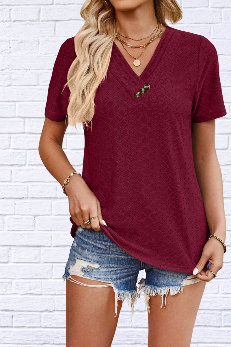 Eyelet V-Neck Short Sleeve Top