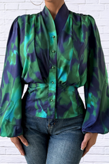 Tie-Dye Navy and Green Button Up Balloon Sleeve Blouse