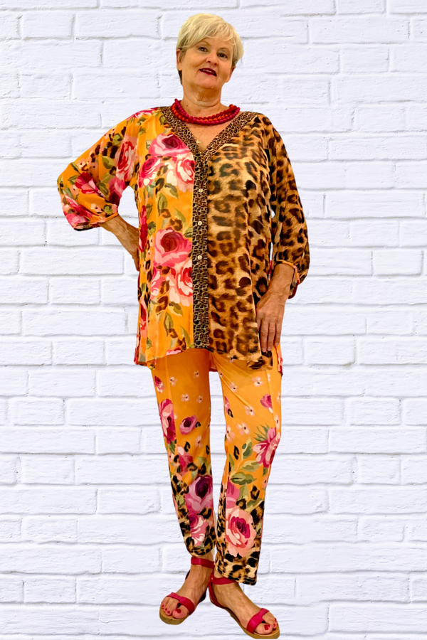 Demi Chiffon Combo Animal and Floral Blouse - Tangerine