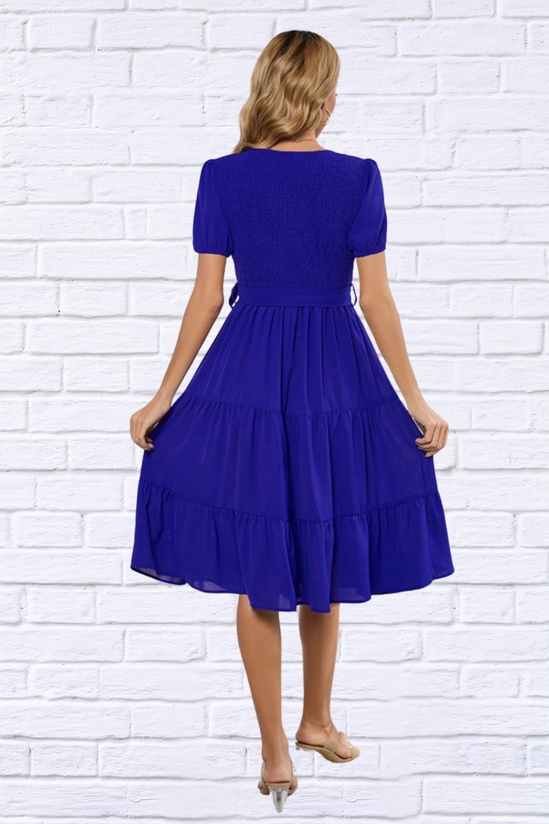 Smocked Tie Front Short Sleeve Tiered Dress