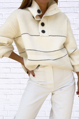 Waffle-Knit Half Button Long Sleeve Sweater