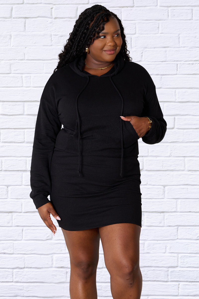 Black Culture Code Full Size Drawstring Long Sleeve Hooded Dress