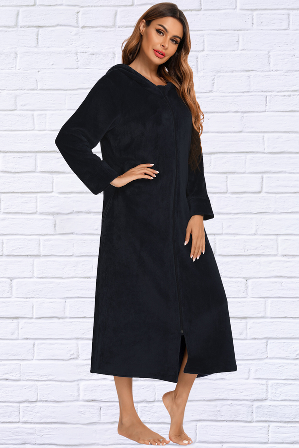Zip Front Hooded Night Dress with Pockets
