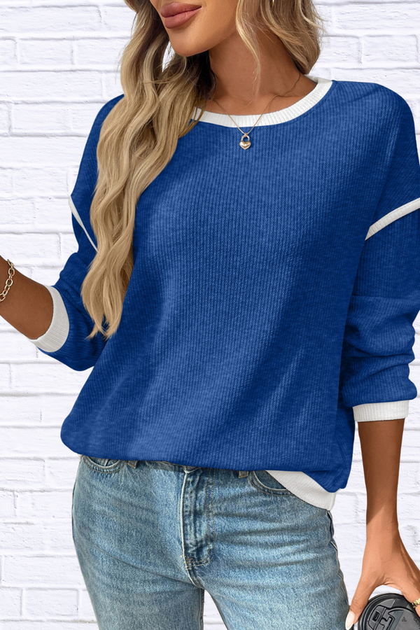 Ribbed Contrast Trim Long Sleeve Top