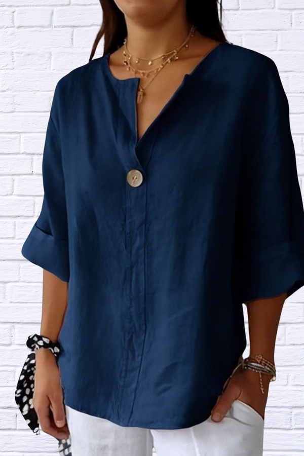 Full Size Linen Blend Notched Blouse Plus Size
