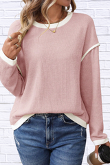 Ribbed Contrast Trim Long Sleeve Top