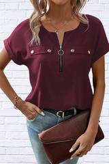 Casual Zipper Front Short Sleeve Blouse