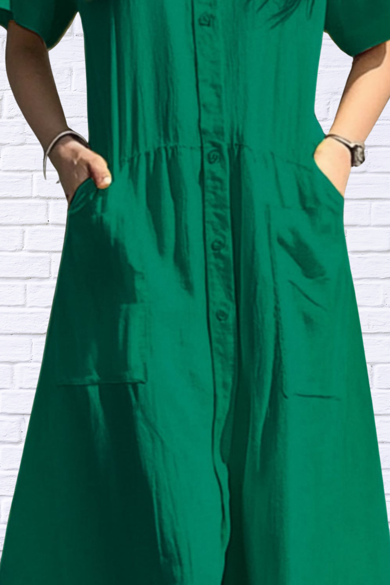 Button Front Short Sleeve Midi Dress