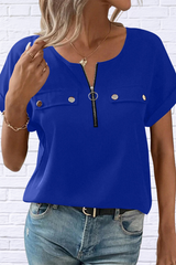 Casual Zipper Front Short Sleeve Blouse