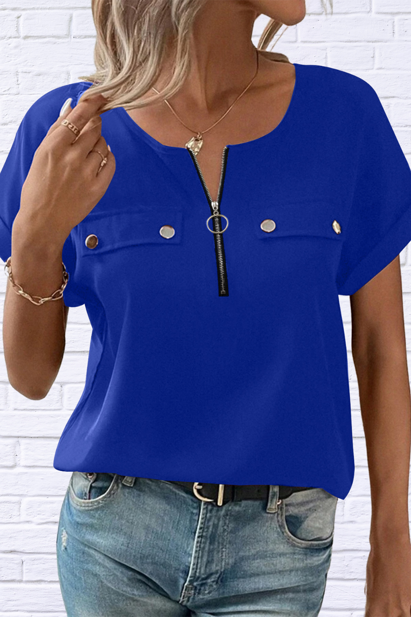 Casual Zipper Front Short Sleeve Blouse