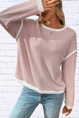 Ribbed Contrast Trim Long Sleeve Top