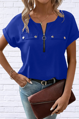 Casual Zipper Front Short Sleeve Blouse