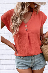 Decorative AirFlow  Button V-Neck Short Sleeve Blouse
