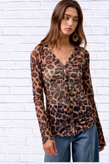 i Leopard Printed Mesh Shirt With Button Up V Neck