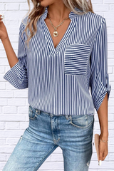 Striped Notched Roll-Tab Sleeve Shirt