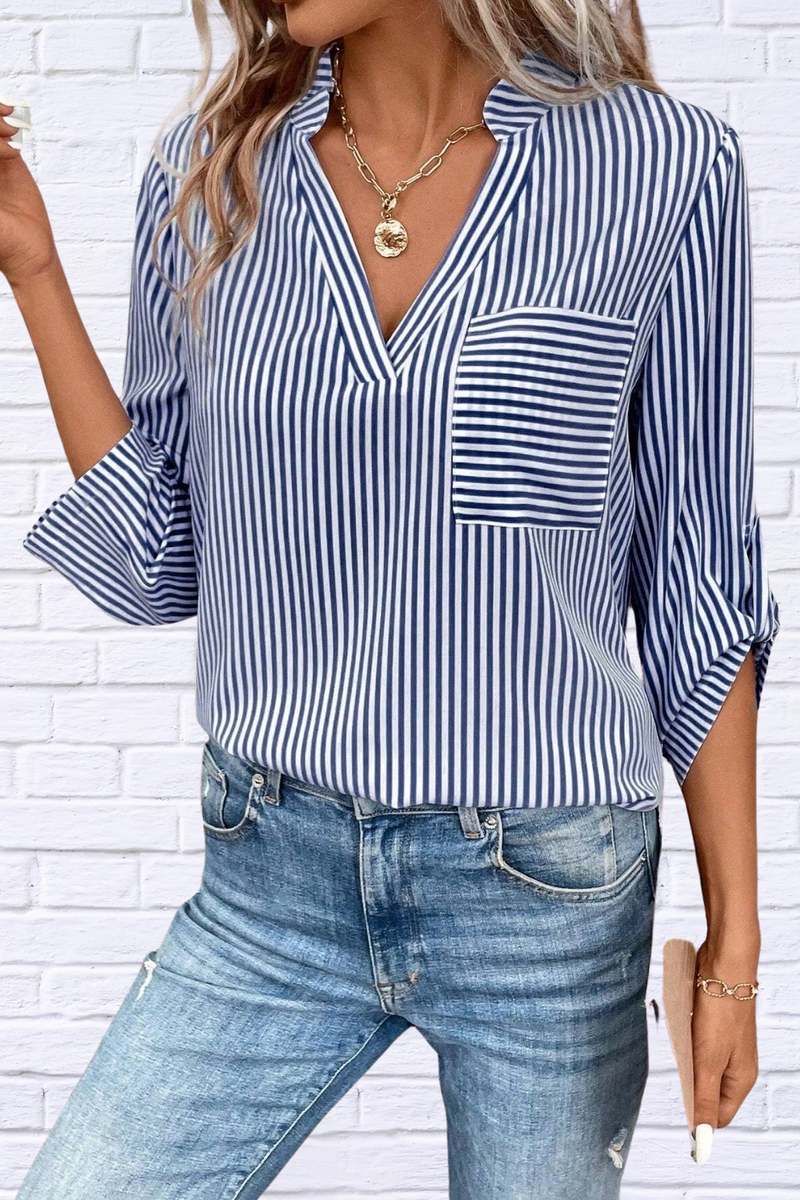 Striped Notched Roll-Tab Sleeve Shirt