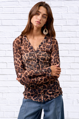 i Leopard Printed Mesh Shirt With Button Up V Neck