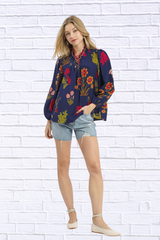 Umgee Flower Print Blouse with Scalloped Neckline