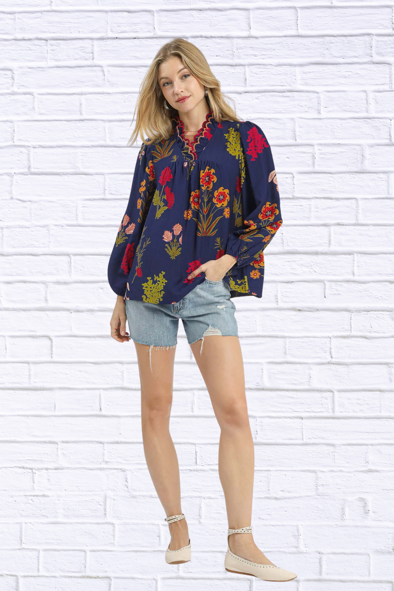 Umgee Flower Print Blouse with Scalloped Neckline