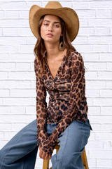 i Leopard Printed Mesh Shirt With Button Up V Neck