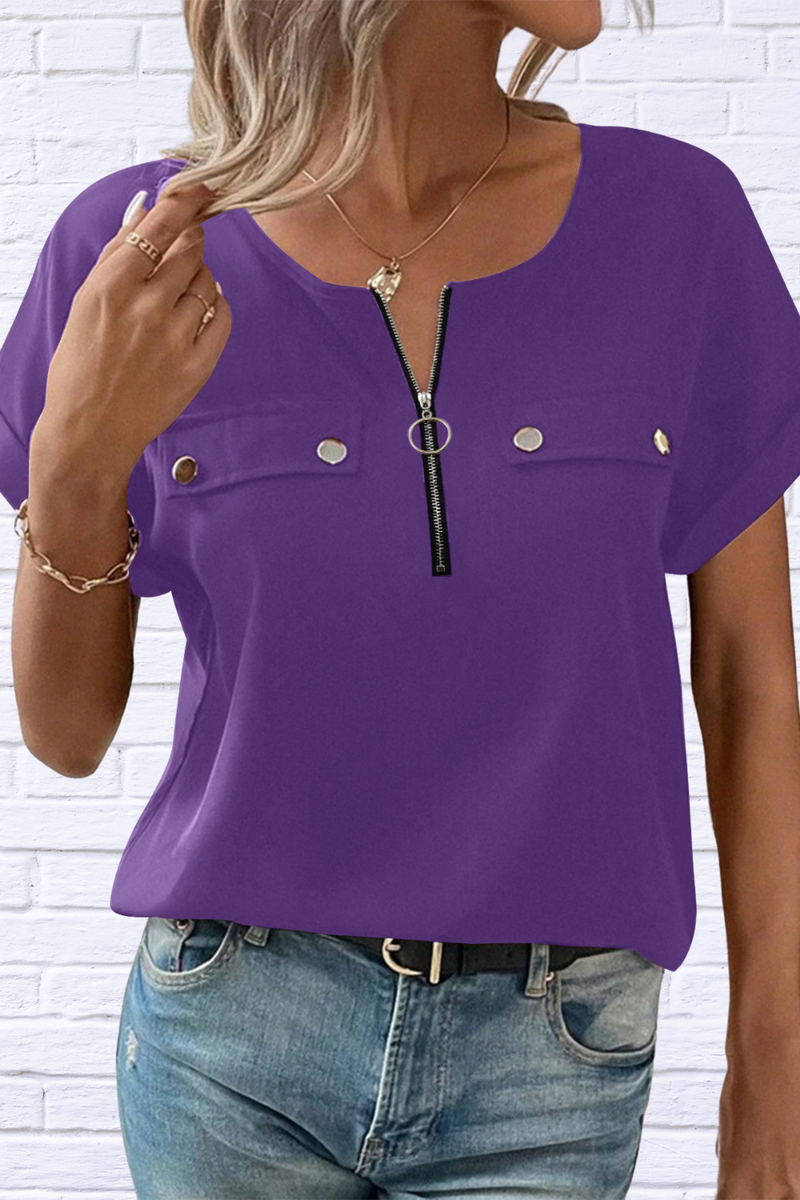Casual Zipper Front Short Sleeve Blouse