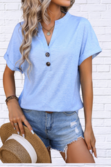 Notched Buttoned Short Sleeve T-Shirt