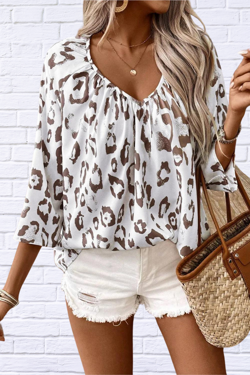 Leopard V-Neck Three-Quarter Sleeve Blouse